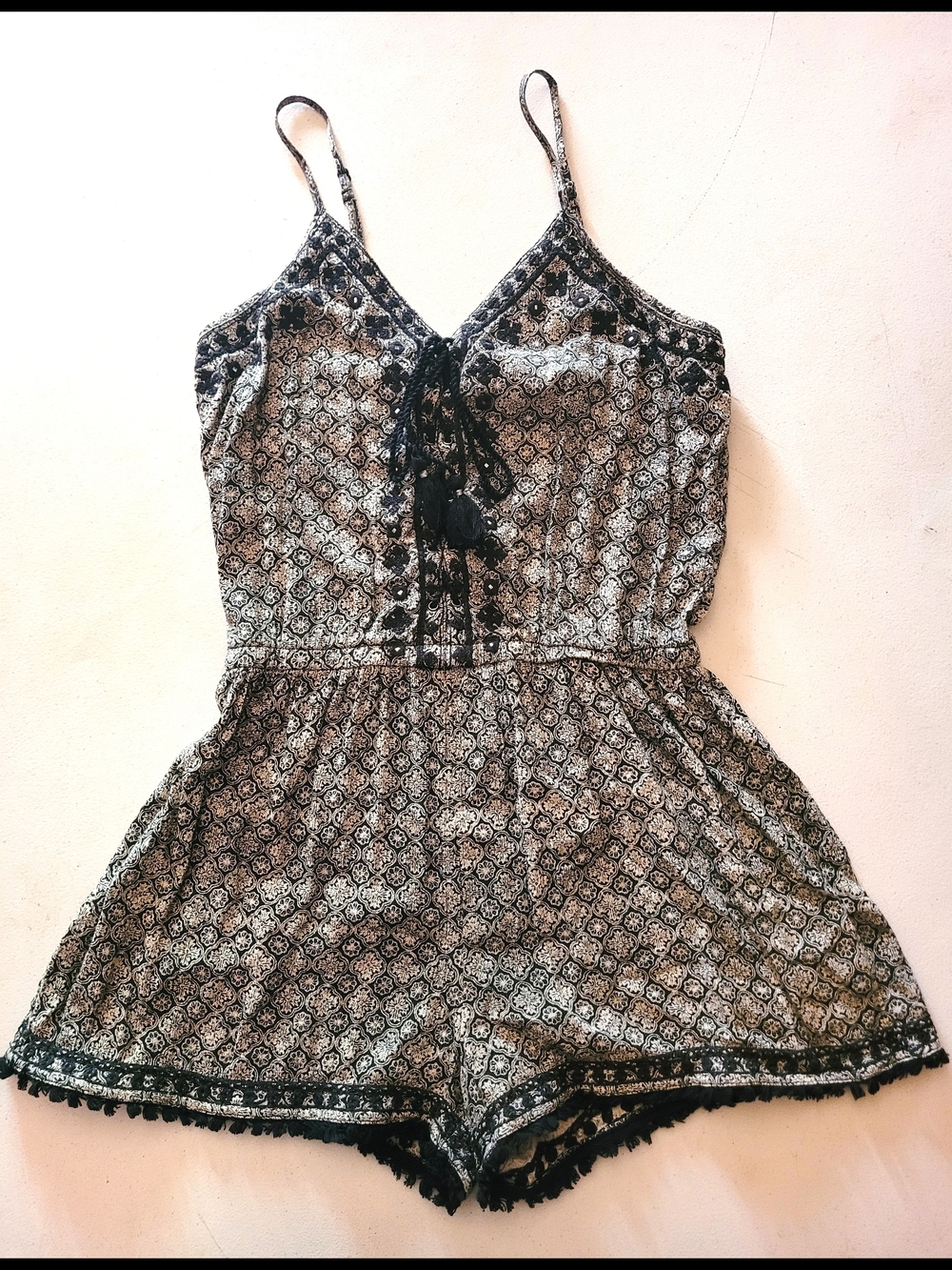 American Eagle Outfitters Womens Romper S Black & White Straps Fringe Tassel Tie